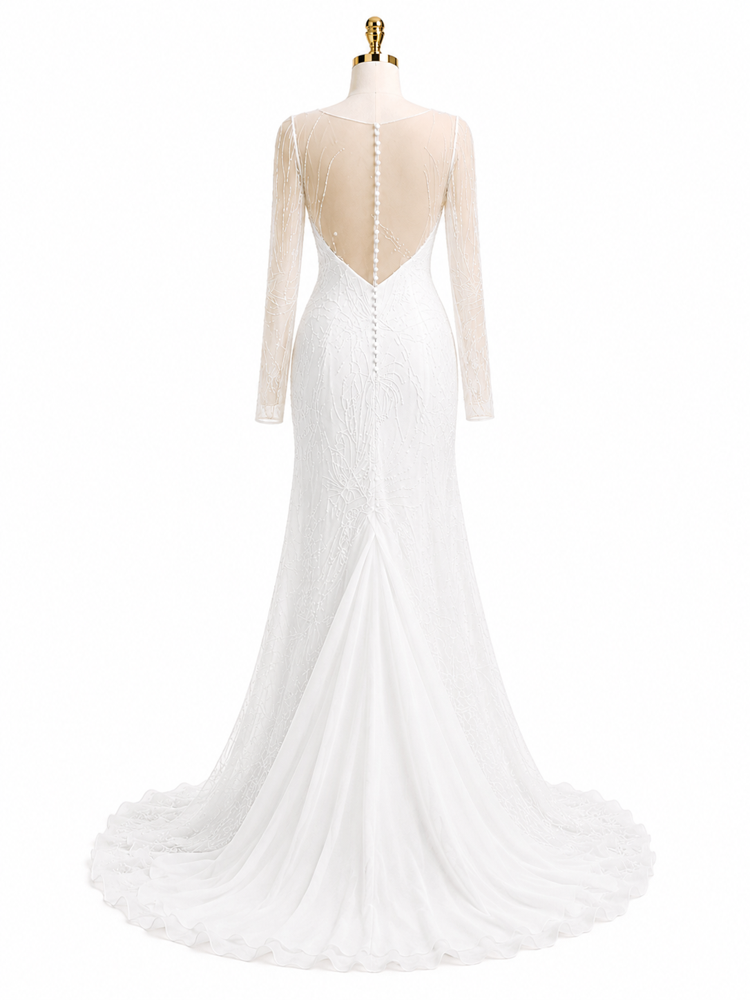 Abito da sposa in tulle ricamato luminoso con maniche lunghe trasparenti e strascico in organza di seta pura