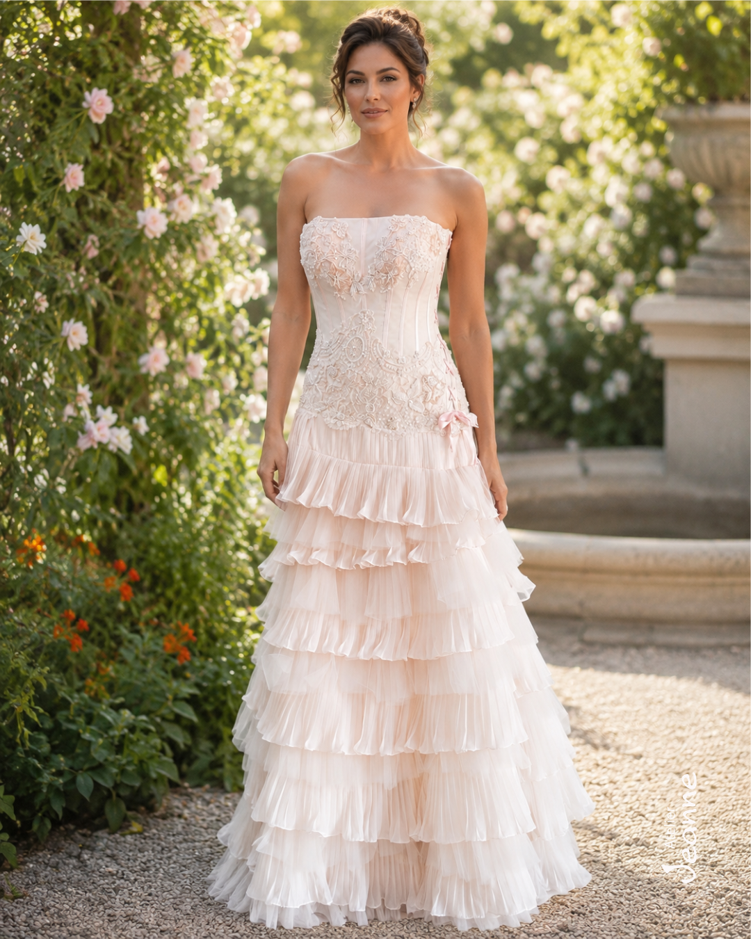 Abito da cerimonia a balze in georgette plissettata e tulle