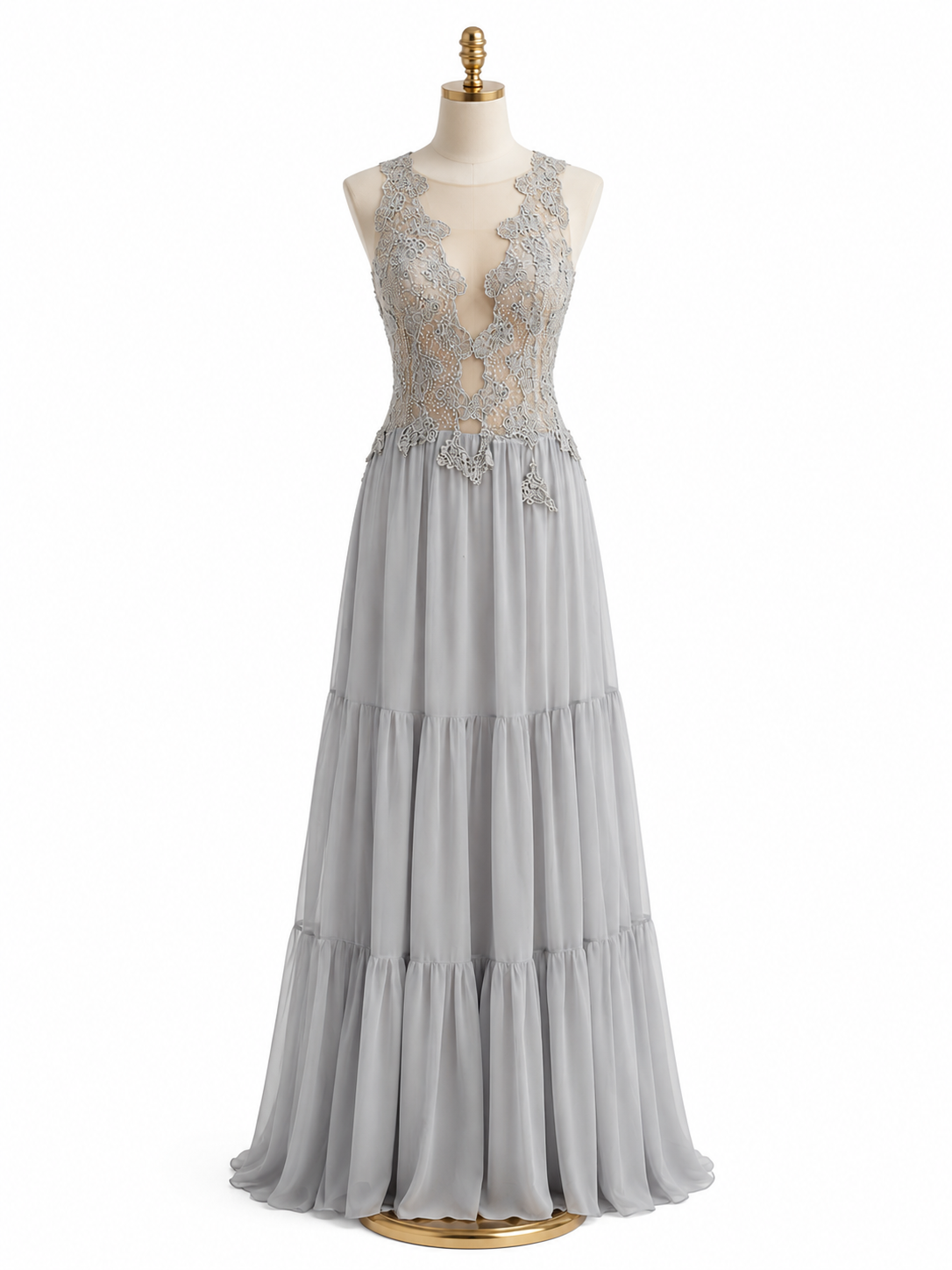 Abito grigio perla in georgette di seta pura con corpetto ricamato in macramè e Swarovski