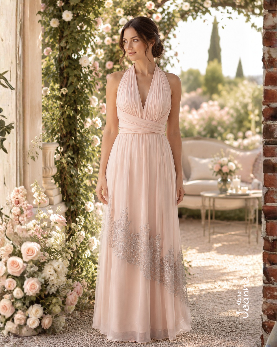 Abito Rosa Cipria in Seta e Tulle con Pizzo Chantilly Argento e Swarovski – Taglia 46