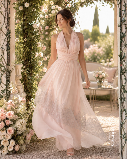 Abito Rosa Cipria in Seta e Tulle con Pizzo Chantilly Argento e Swarovski – Taglia 46