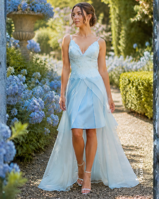 Abito con Corpetto in Pizzo Chantilly e Gonna a Doppia Lunghezza in Raso e Organza di Seta - Taglia 42