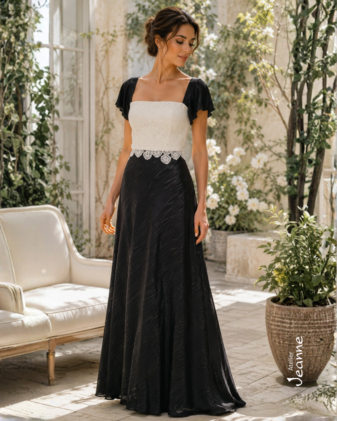 Abito Eleganza Regale in Cady con Corpino Ricamato a Mano – Taglia 44/46