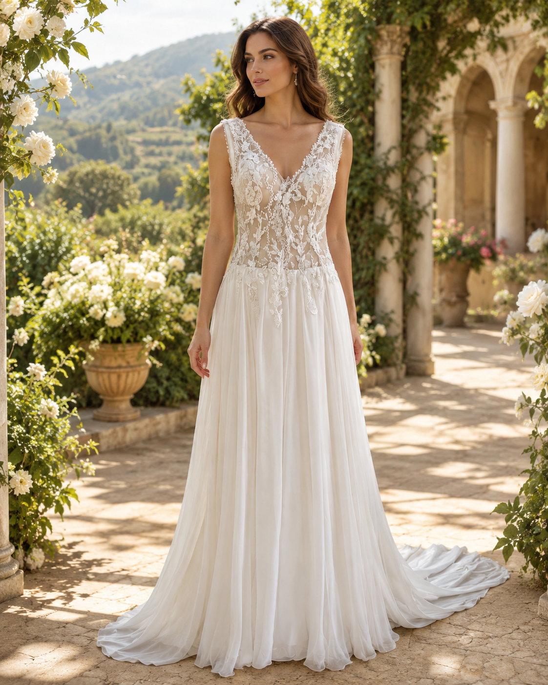Abito da sposa in organza satin di seta pura con corpetto ricamato a mano