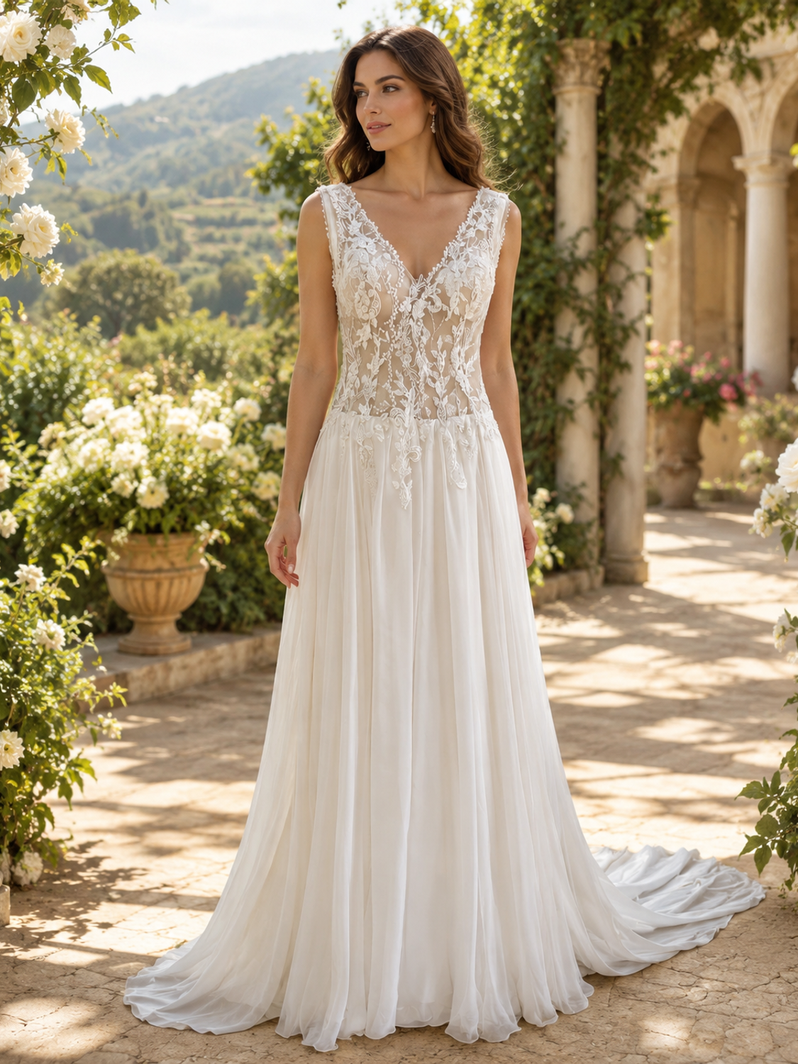 Abito da sposa in organza satin di seta pura con corpetto ricamato a mano