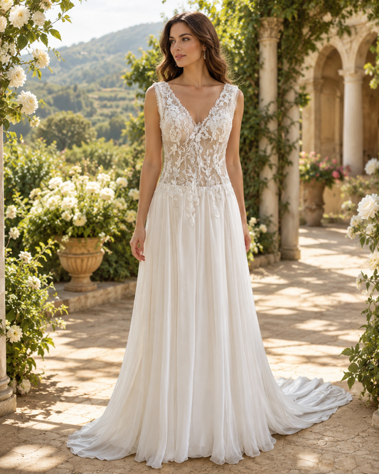 Abito da sposa in organza satin di seta pura con corpetto ricamato a mano