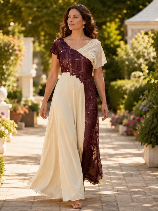 Abito beige in georgette di seta pura con chiffon ricamato bordeaux