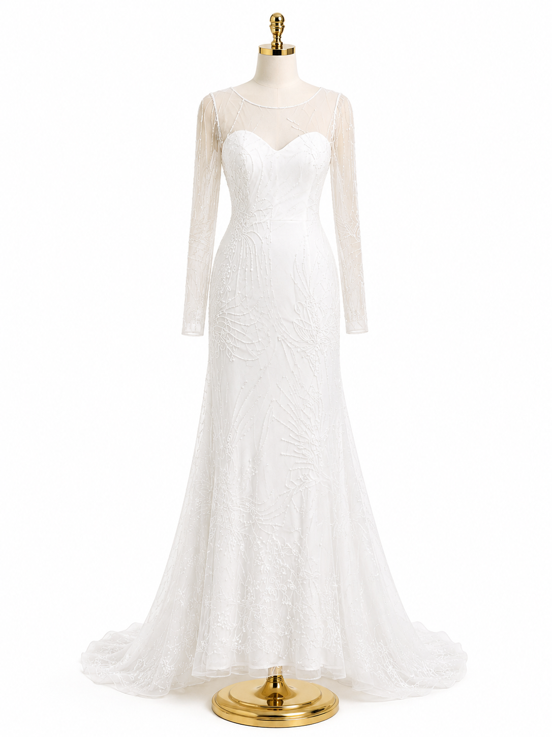 Abito da sposa in tulle ricamato luminoso con maniche lunghe trasparenti e strascico in organza di seta pura