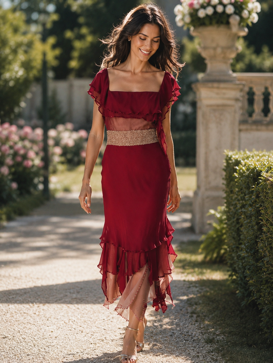 Abito da Cerimonia in Georgette, Organza e Shantung di Seta Pura