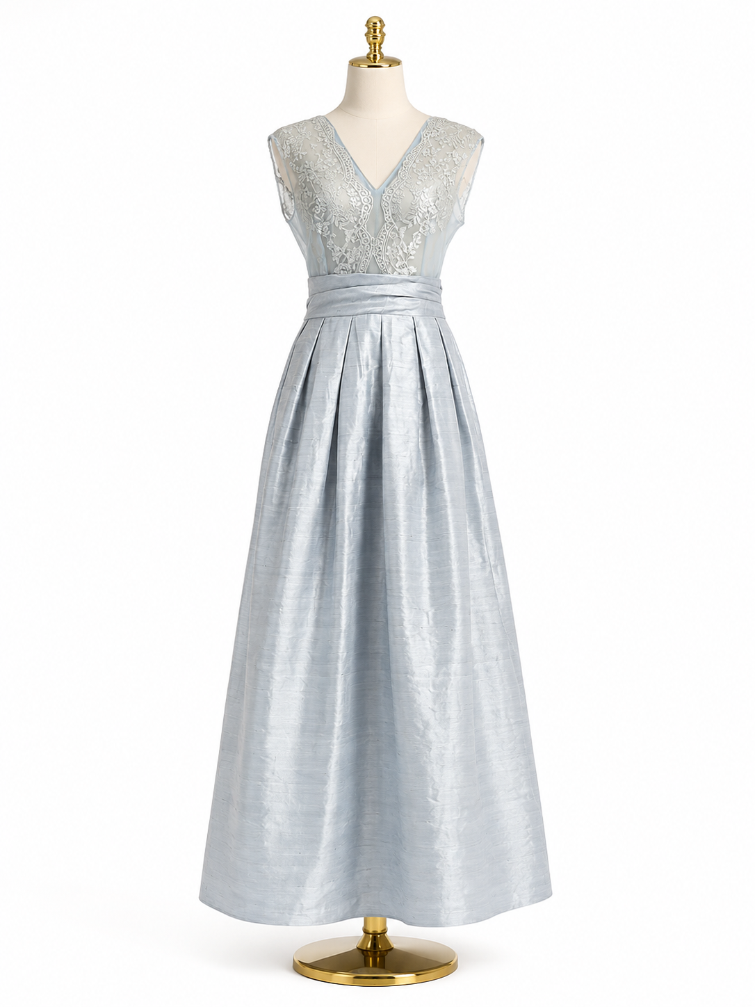 Abito con gonnellone in shantung rigido e corpetto in organza ricamata con pizzo Chantilly argento