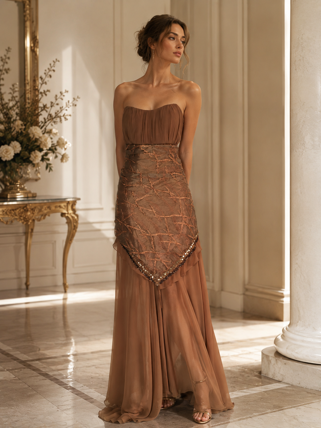 Abito Sirena in Georgette di Seta Pura e Organza Ricamata con Scollatura Profonda sul Retro - Taglia 42/44