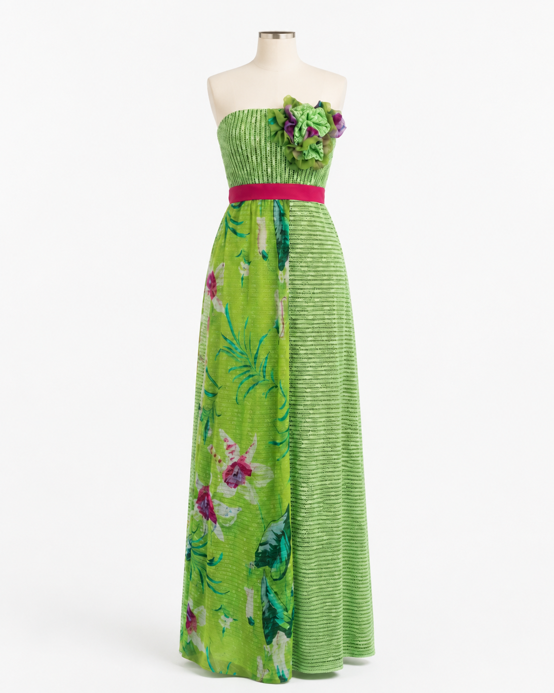 Abito taglio impero in rete di seta e chiffon fantasia – Taglia 42/44