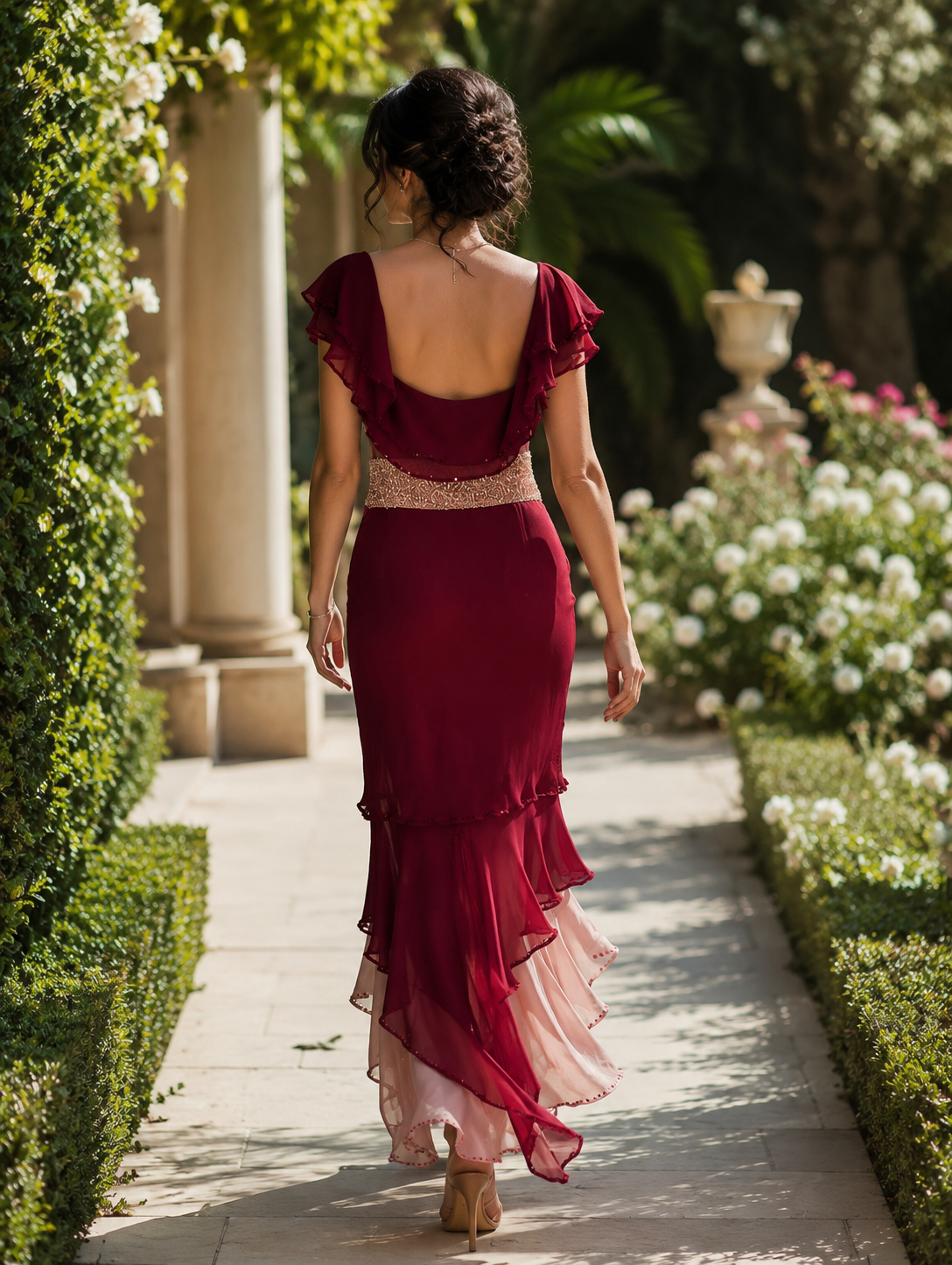 Abito da Cerimonia in Georgette, Organza e Shantung di Seta Pura