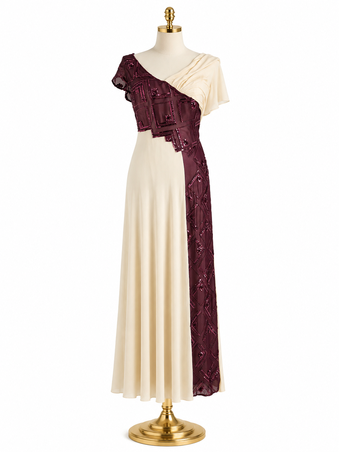 Abito beige in georgette di seta pura con chiffon ricamato bordeaux