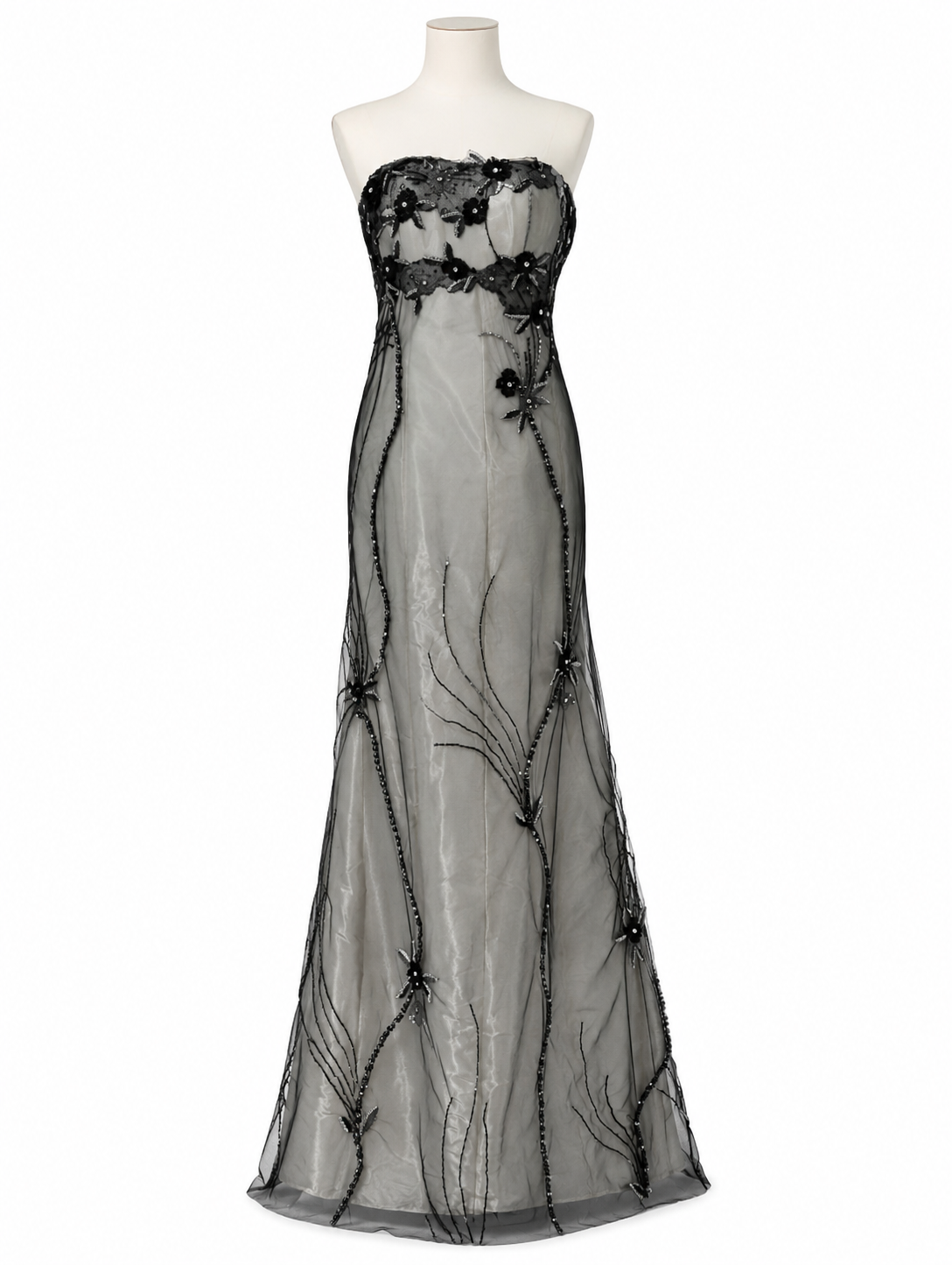 Abito da Cerimonia Sirena in Tulle Ricamato, Organza e Raso di Seta Pura