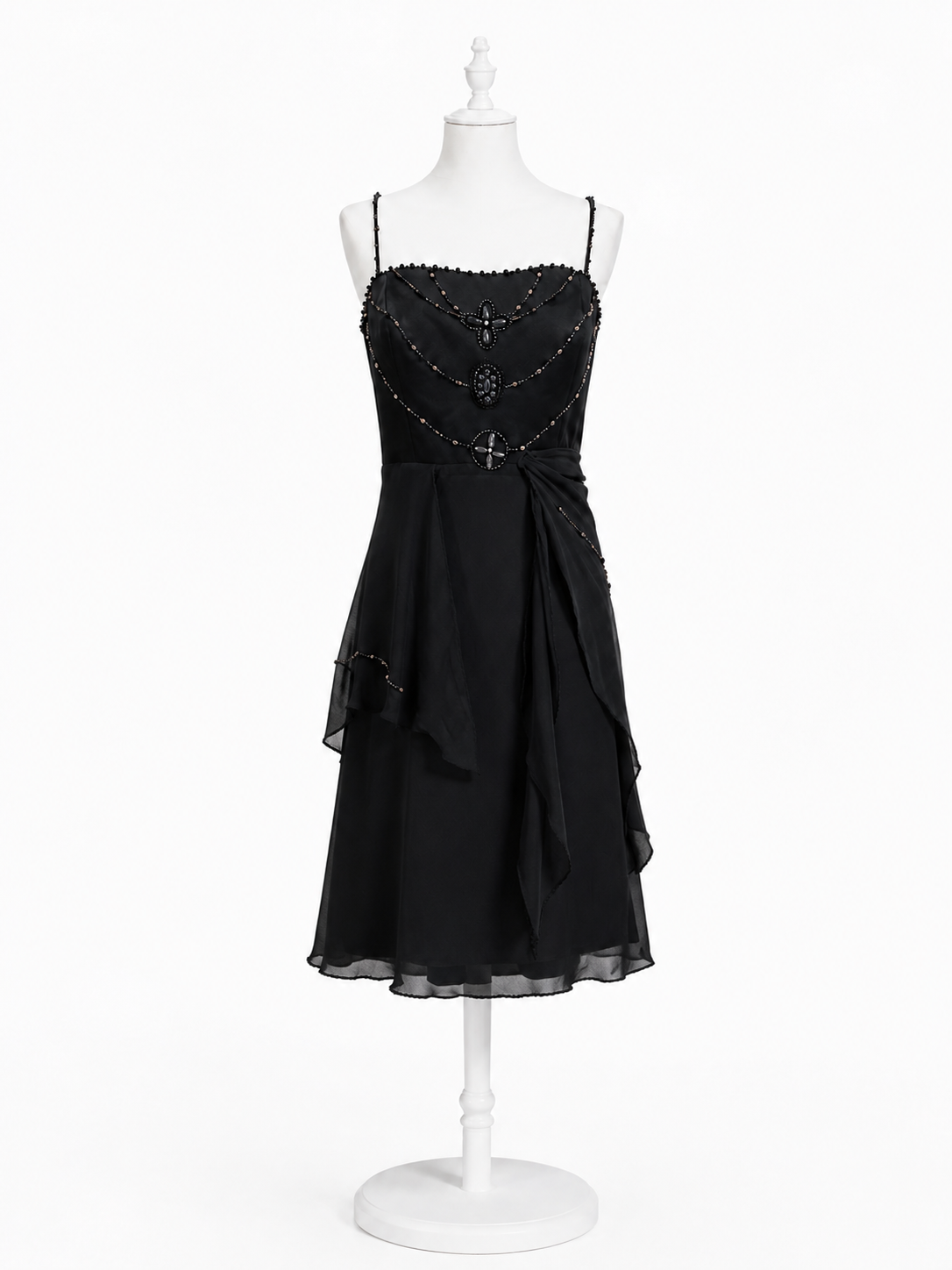 Abito in Georgette di Seta Pura con Doppia Balza Ricamata e Corpetto in Raso con Pietre Luminose
