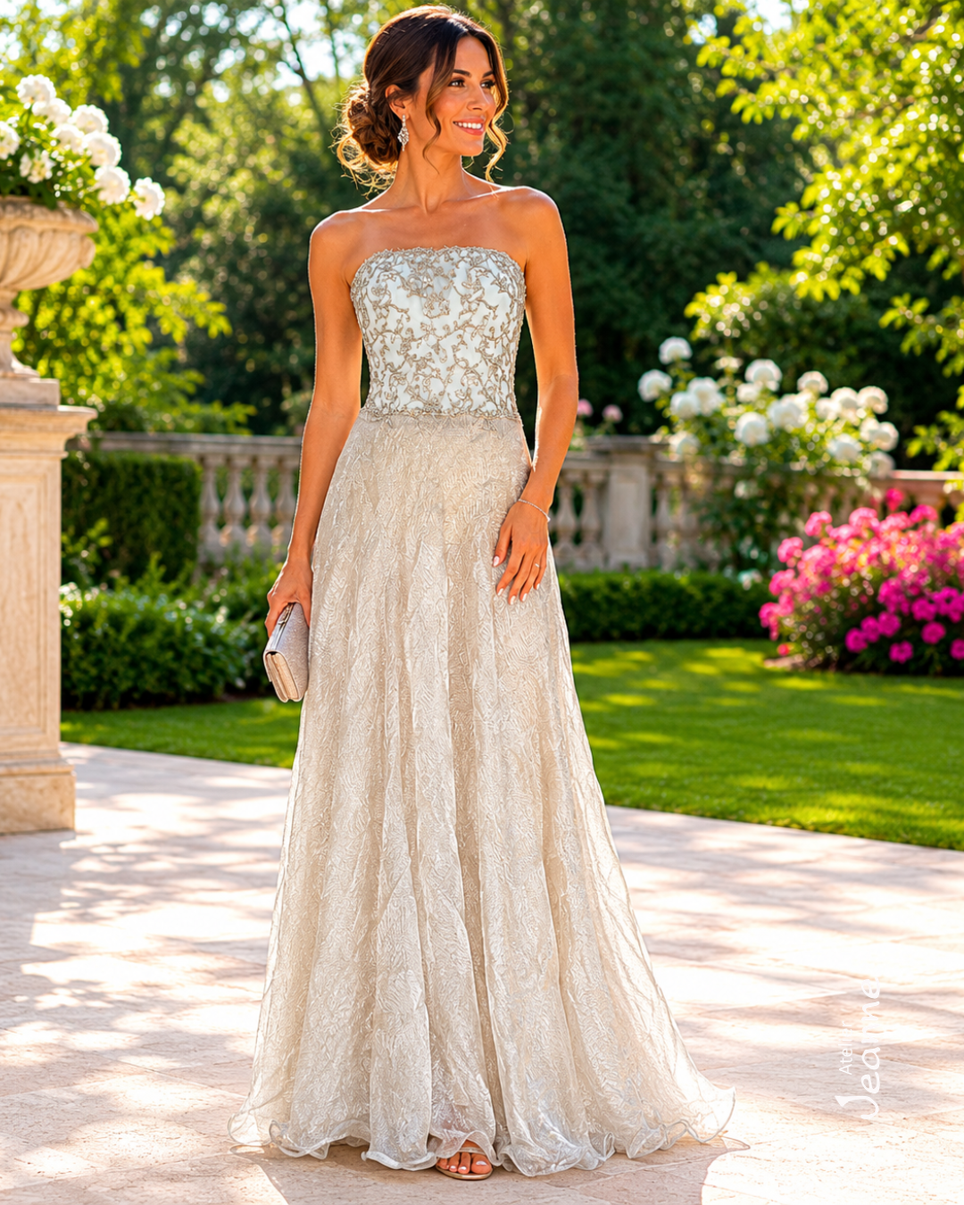 Abito da sposa con corpetto Chantilly ricamato e gonna in organza stropicciata