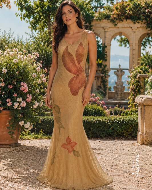 Abito da sposa a sirena in tulle ricamato con perline e base in georgette fantasia