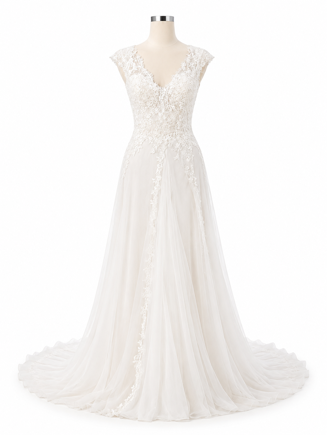 Abito da sposa con gonna ampia, strascico in tulle e corpetto in pizzo rebrodé