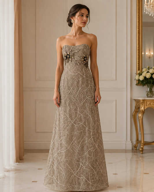 Abito in Organza Ricamata con Corpetto in Pietre e Taglio Impero Taglia 42/44/46