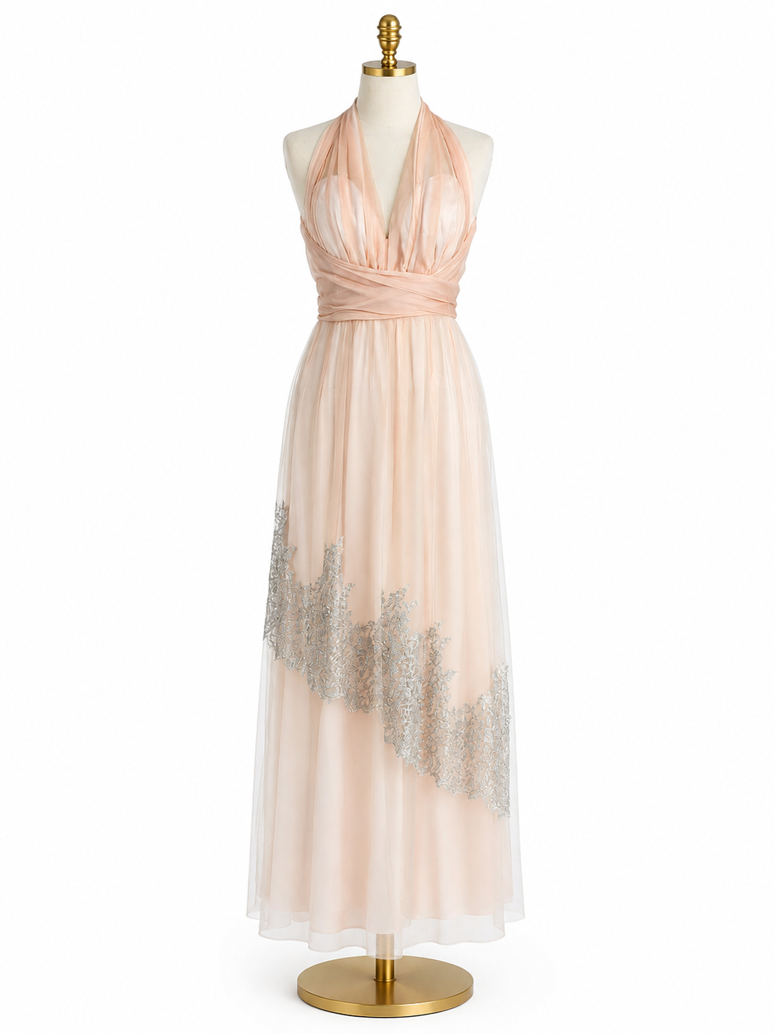 Abito Rosa Cipria in Seta e Tulle con Pizzo Chantilly Argento e Swarovski – Taglia 46