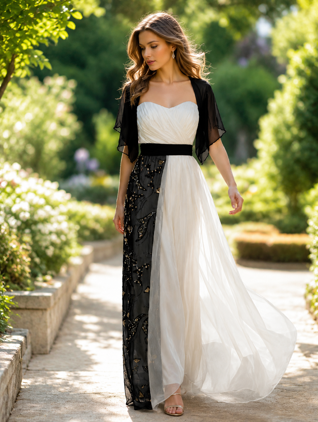 Abito Regale in Organza e Georgette di Seta Ricamata con Maniche Mantello