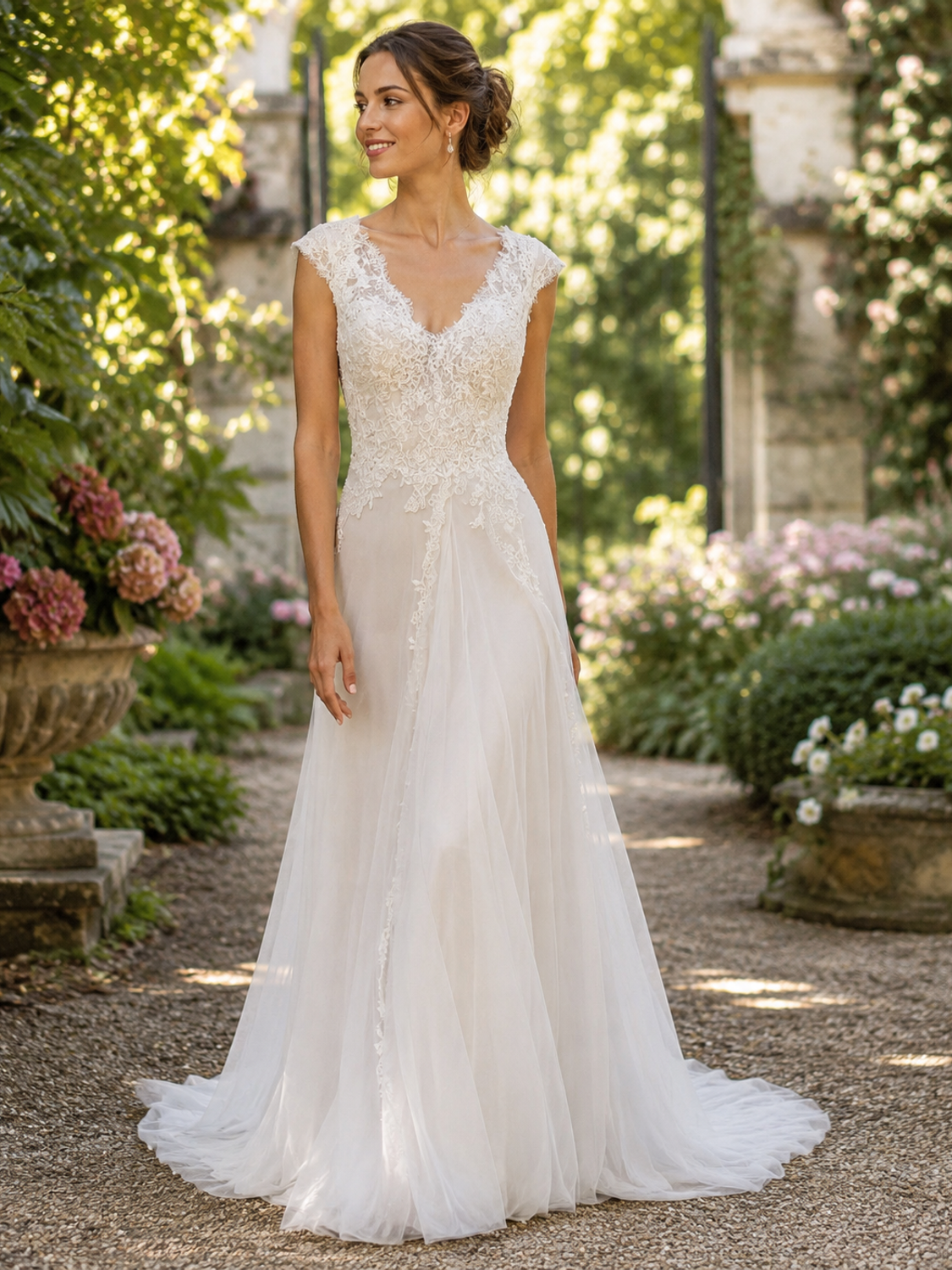 Abito da sposa con gonna ampia, strascico in tulle e corpetto in pizzo rebrodé
